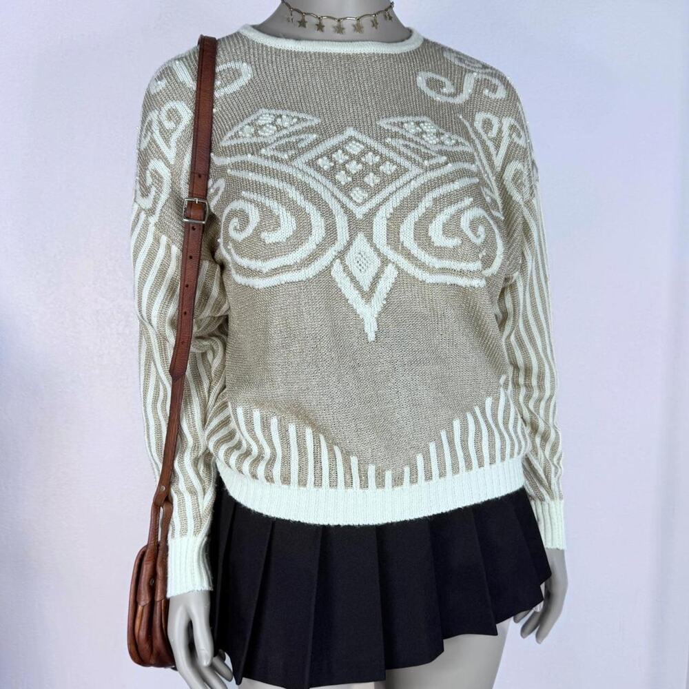 Beige Abstract Knit Sweater Vintage James St. John 80s 90s Neutral Geometric